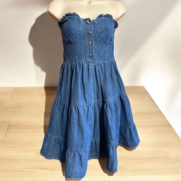 SHEIN Women's Strapless Blue Jean Denim Western Tiered Ruffle Short Dress - Picture 8 of 8